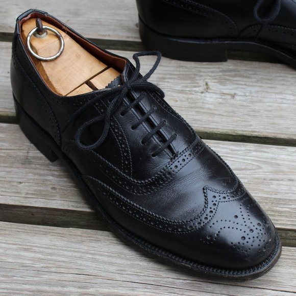 Vintage 80s Black Calfskin Leather Wingtips, Dack's Canada, Men's 8.5 B (Narrow) - Picture 2 of 12